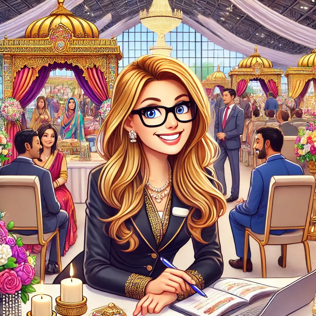 DALL·E 2025-02-10 16.35.35 - A professional and friendly female wedding planner with long blonde hair and glasses resting on her head, actively involved in an Asian Wedding Fayre