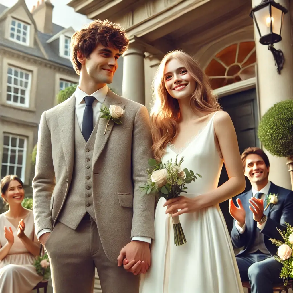 DALL·E 2025-02-10 23.00.29 - A romantic registry office wedding scene. A happy couple stands outside a beautiful, elegant registry office, dressed in wedding attire. The bride wea