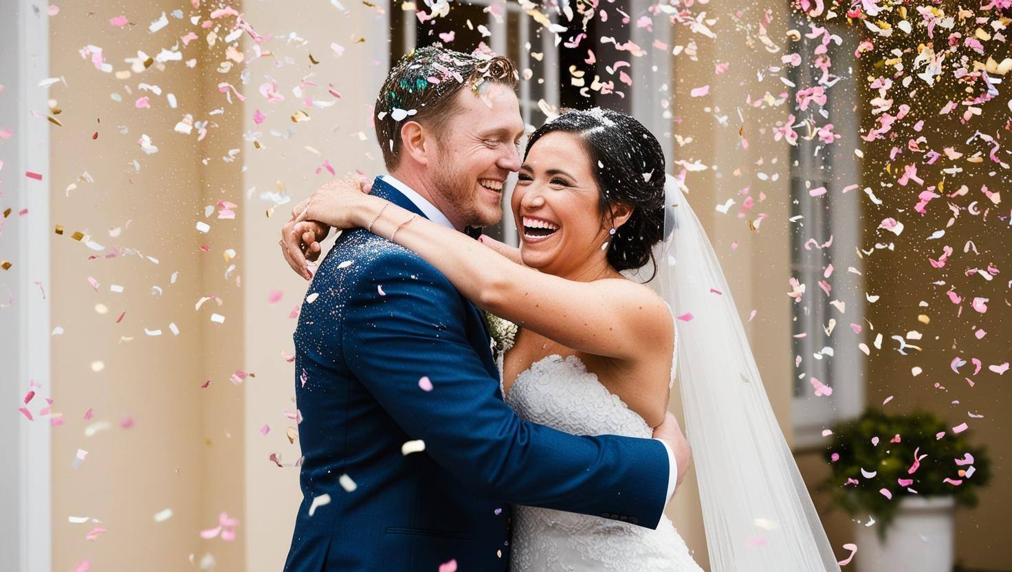 a bride and groom happy on their wedding day with confetti 