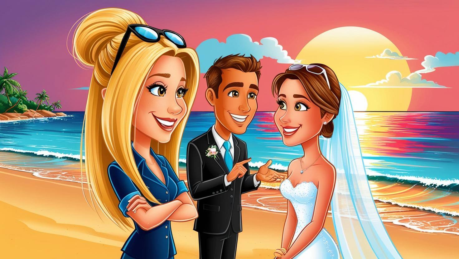 give me a professional cartoon image of a female travel consultant with long blond hair and sunglasses on her head talking to a bride and groom regarding their honeymoon on a beach with a sunset