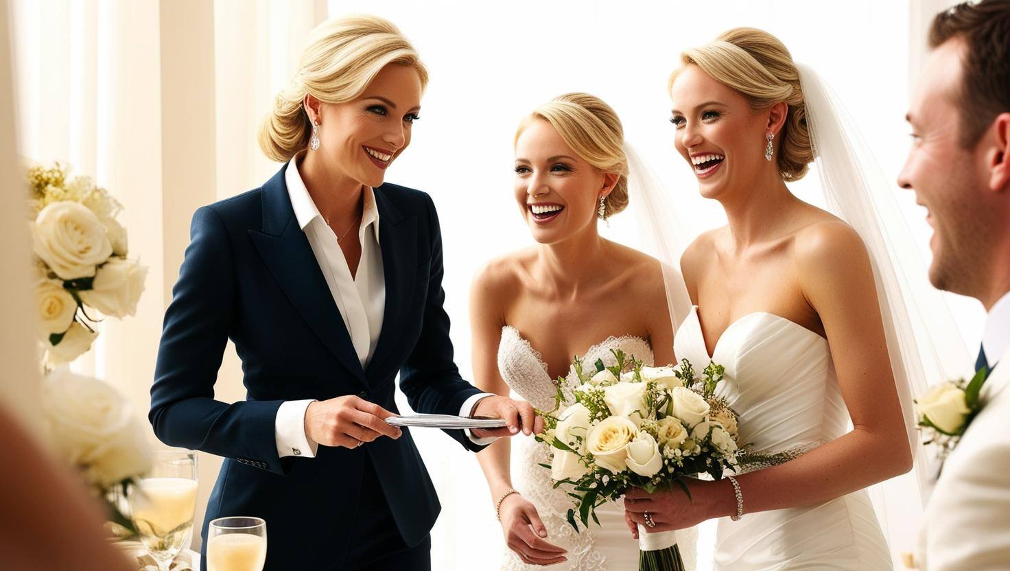 give me a smart female wedding planner image with blond hair with a bride and groom 