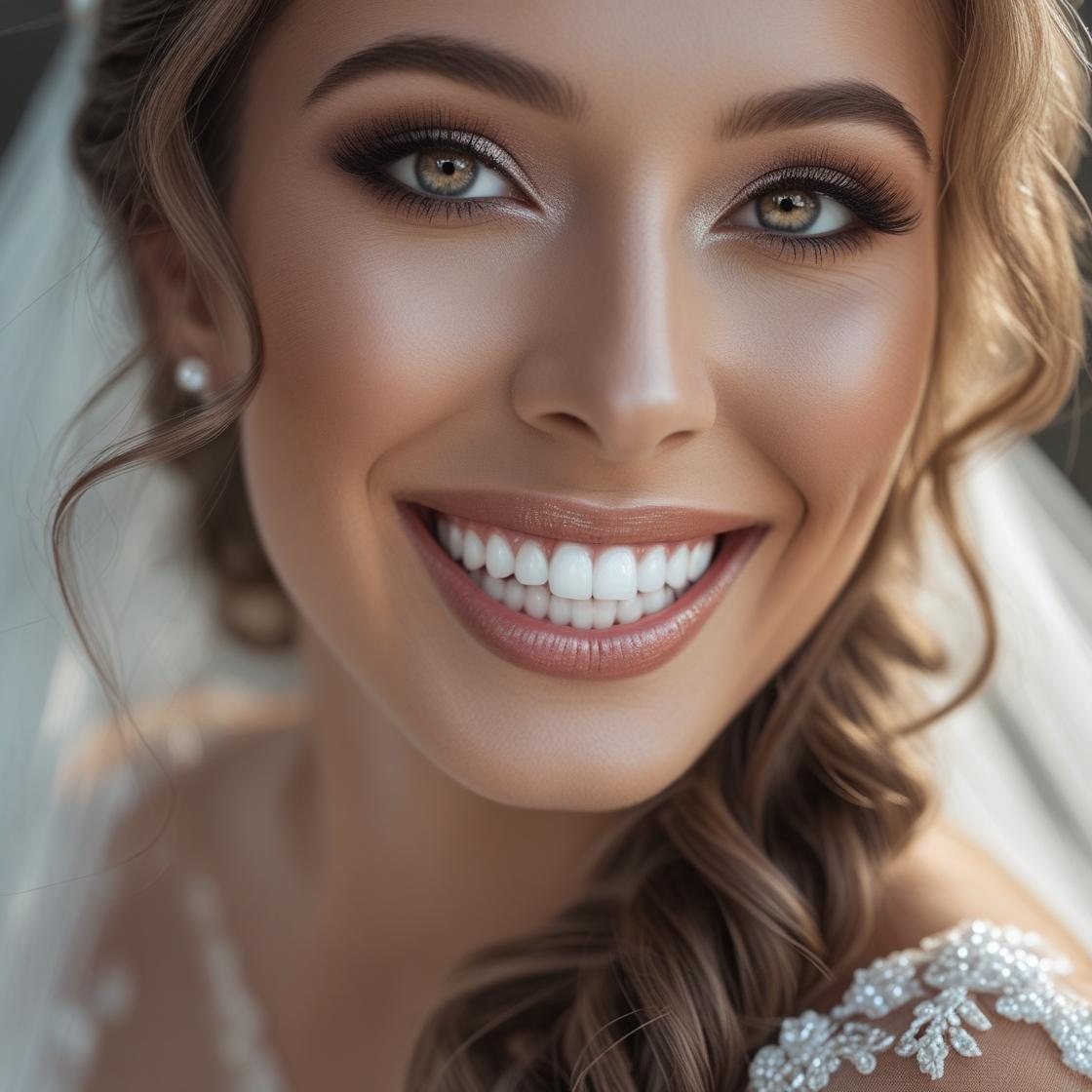 give me an image of a bride smiling with white teeth