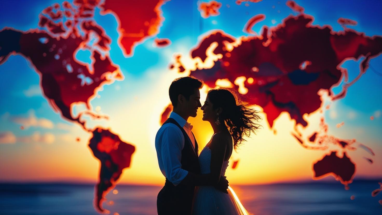 show me a honeymoon travel image, with worldwide in the background